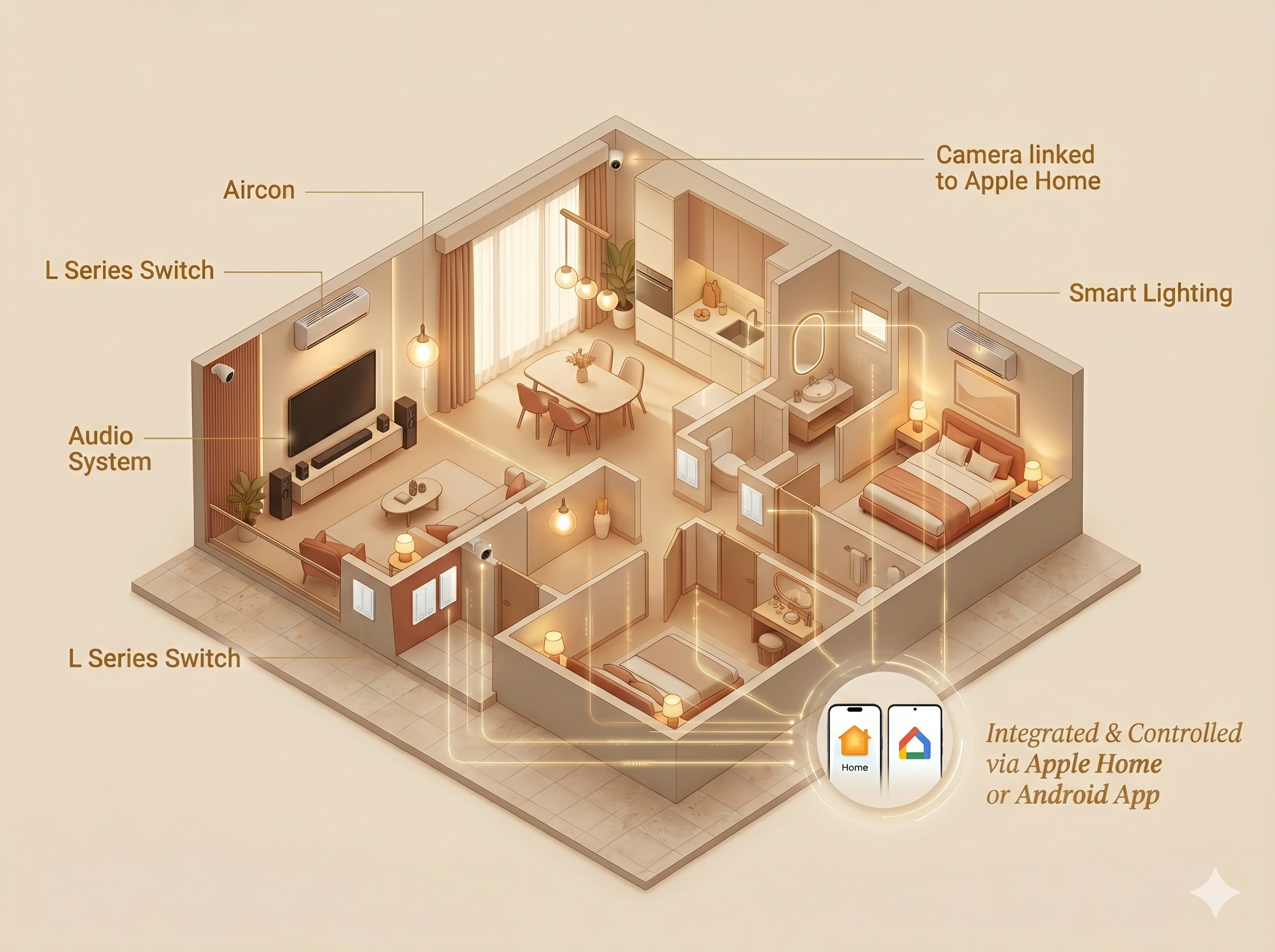 Smart home integration overview with lighting, air-conditioning, audio, and Apple Home control